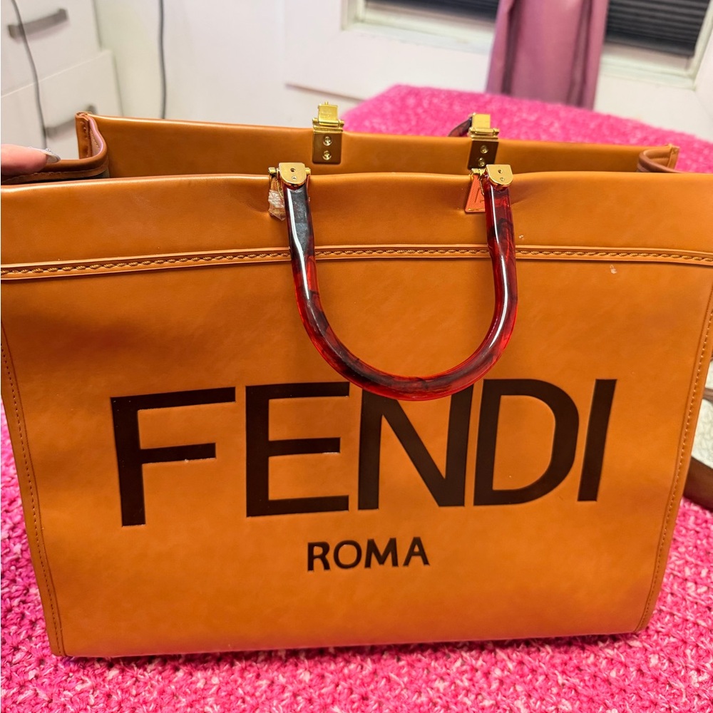Fendi Tan Leather Tote with Red Accents Large